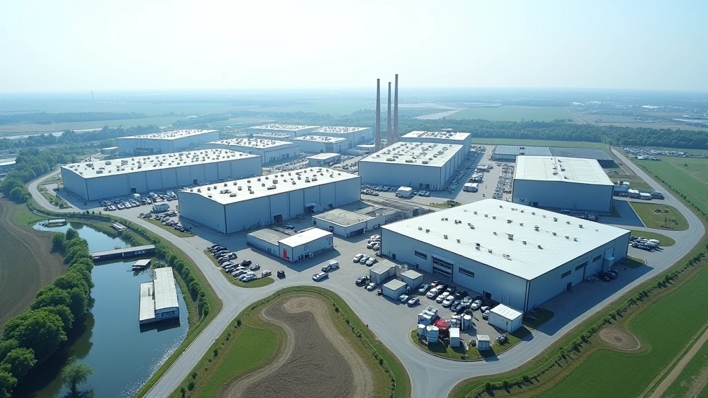 Luftaufnahme einer großen Industrieanlage mit mehreren Gebäuden und Anlagen