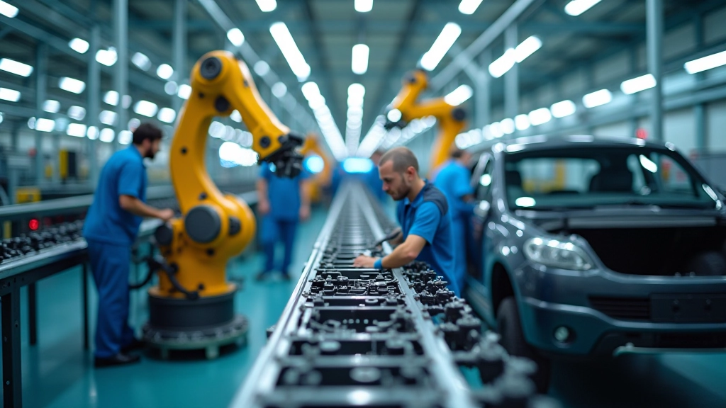 Automobilfertigungslinie mit Roboterarmen bei der Montage von Fahrzeugkomponenten und Qualitätskontrollpersonal