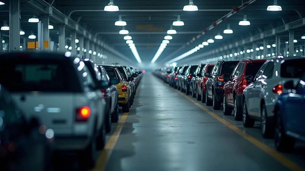 Hafenanlage mit Fahrzeugtransporter und exportfertigen Autos in Reihen stehend