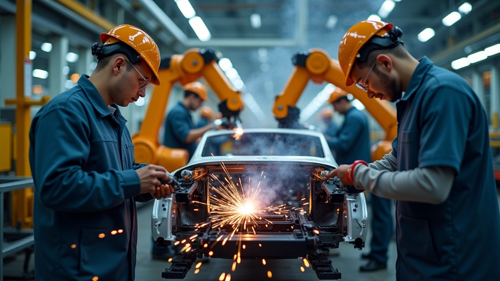 Automobilproduktion mit Robotern an einer Montagelinie in einer modernen Fabrik