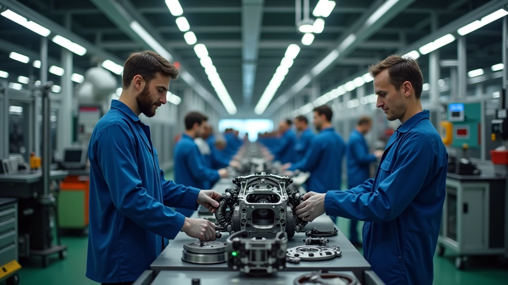 Automotive-Produktionslinie mit Robotern und Facharbeitern bei der Montage von Fahrzeugkomponenten