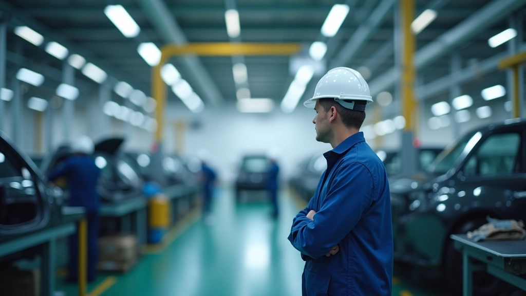 Fabrikfloor mit mehreren Fertigungslinien, automatisierten Maschinen und Montagearbeitern in Schutzkleidung