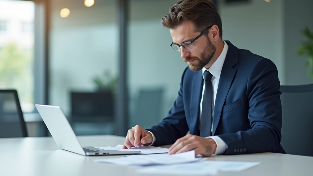 Geschäftsführer analysiert Leistungskennzahlen und Produktionsmetriken an einem modernen Konferenztisch mit Dokumenten und Laptop