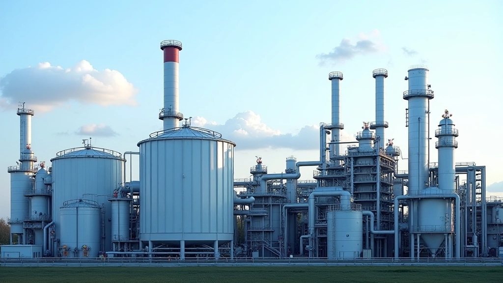 Chemische Fabrik mit Rohren, Tanks und Destillationsanlagen bei Tageslicht