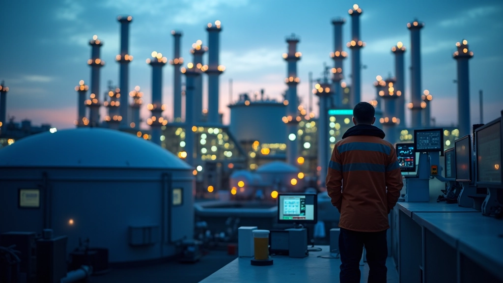 Chemieanlage mit Tanks, Rohrleitungen und Kontrollzentralen mit Monitor-Displays und Messinstrumenten