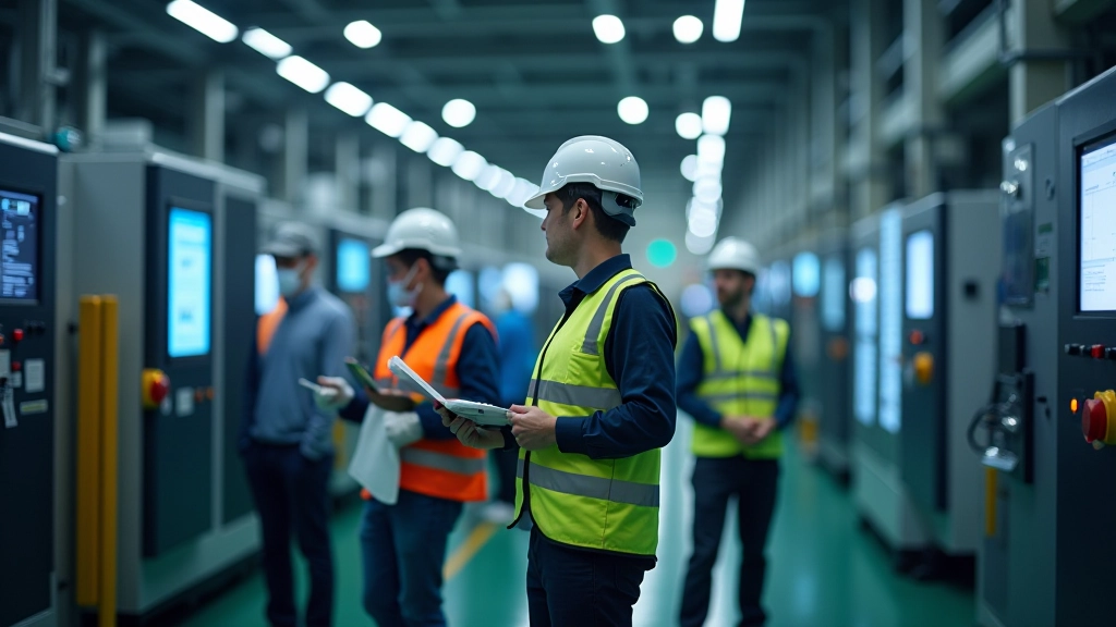 Produktionshalle mit modernen Fertigungsmaschinen, Arbeitern in Schutzausrüstung und Steuerungsmonitoren an den Maschinen