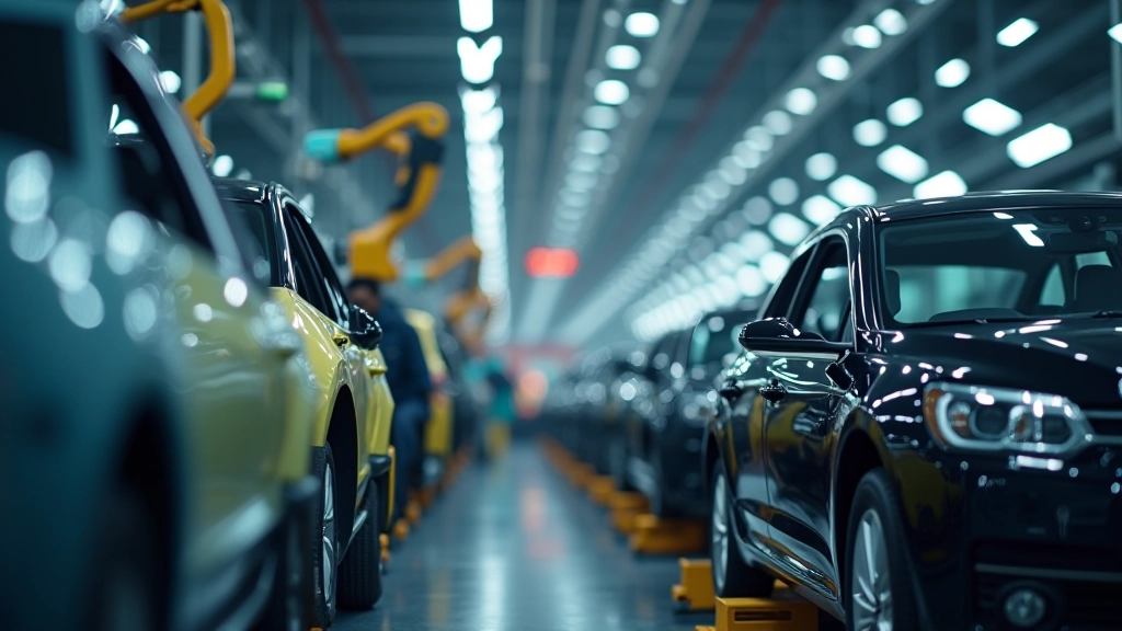 Moderne Autofabrik mit Fließbandanlage, Werkstattbeleuchtung und Fertigungsstationen