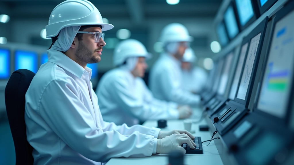 Moderne Chemiefabrik mit Kontrollraum, Überwachungsbildschirmen und Ingenieuren bei der Arbeit