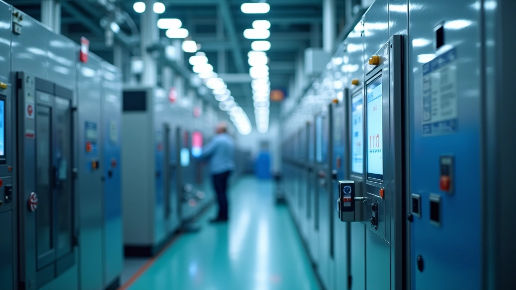 Großformat-Produktionsmaschinen in modernem Fabrikumfeld mit technischen Anzeigen und Bedienungspanelen