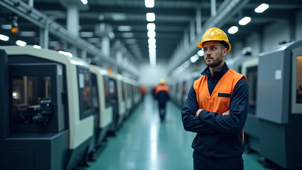 Industrielle Produktionshalle mit modernen Maschinen und Arbeitern bei der Fertigung
