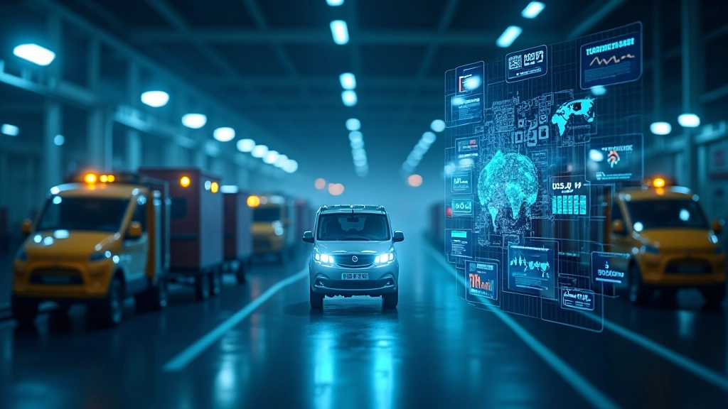 Zukunftsorientierte Fabrik mit autonomen Fahrzeugen und modernen Fertigungssystemen, Nachtaufnahme mit LED-Beleuchtung