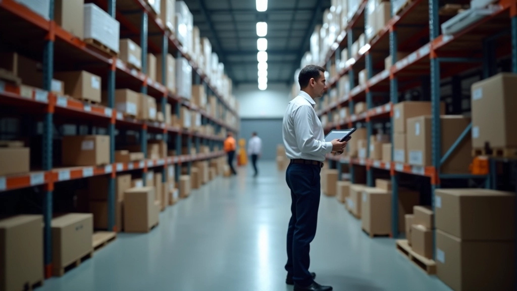 Modernes Lagerverwaltungssystem mit automatisierten Regalen und Logistikfachkräften bei der Verwaltung von Beständen