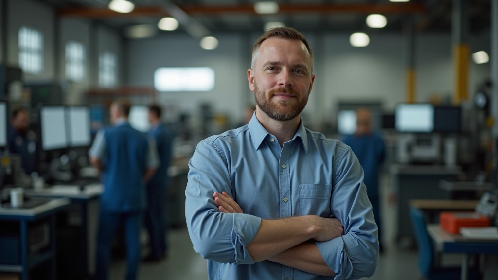 Mittelständisches Produktionsunternehmen mit Werkshalle und Mitarbeitern in Arbeitsbereichen